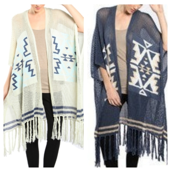 A Reve Boho Aztec Open Knit Fringed Open Cardigan Kimono - Picture 2 of 8